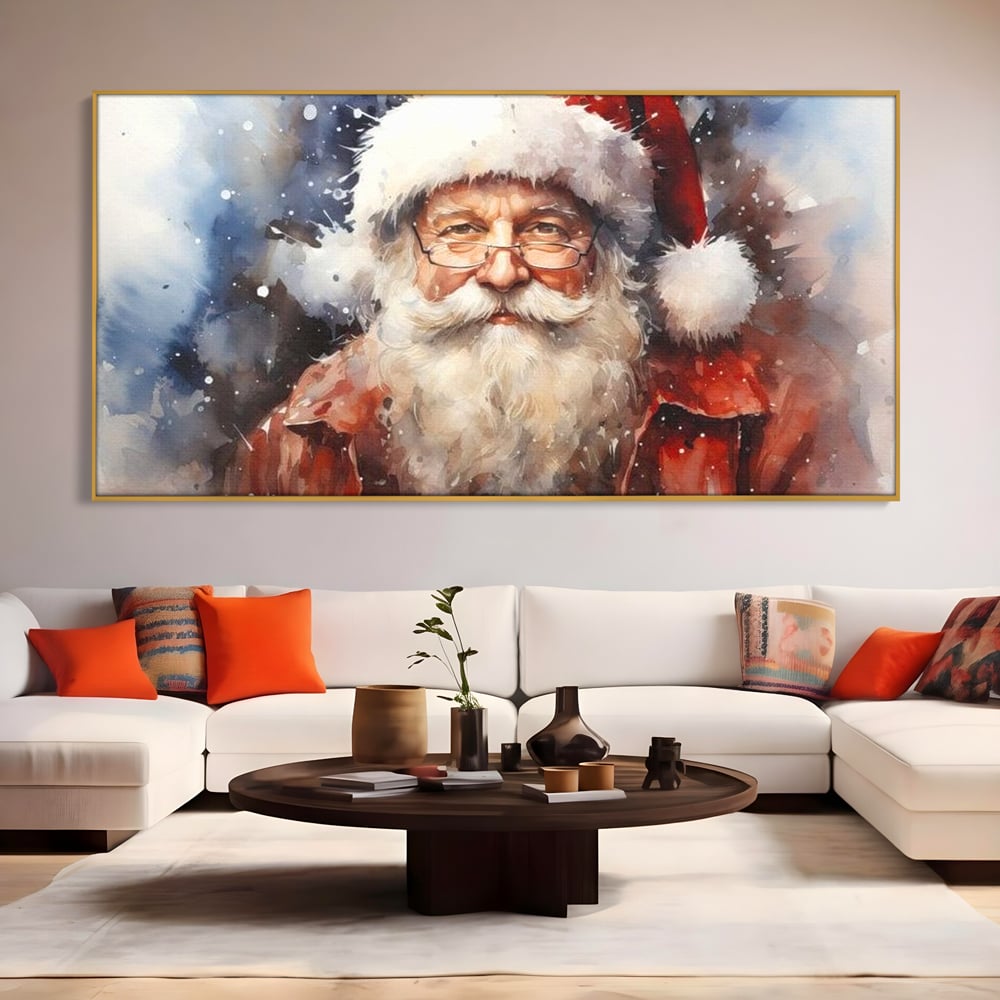 Tablou canvas cu tablou canvas cu mos craciun, in rama de aluminiu auriu, pe perete intr-un living